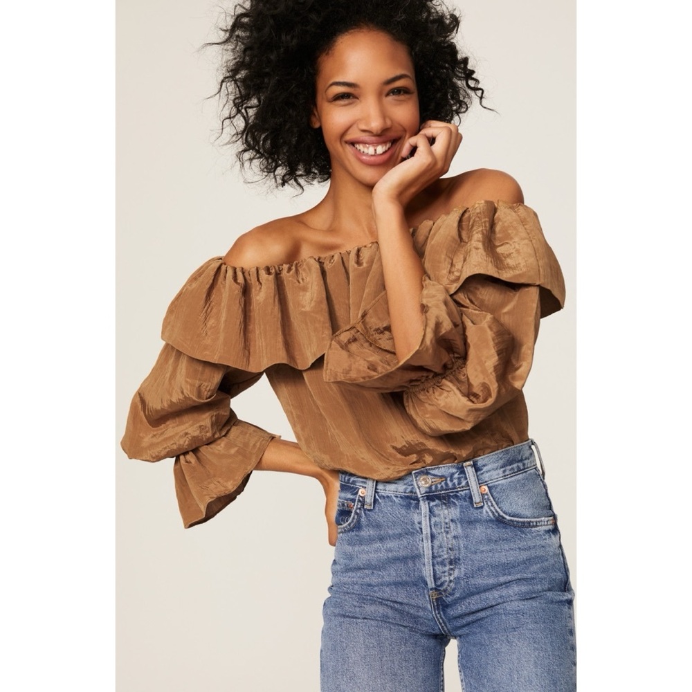 Misa Los Angeles Mischa Off The Shoulder Top Antique Gold Satin Ruffle Smocked